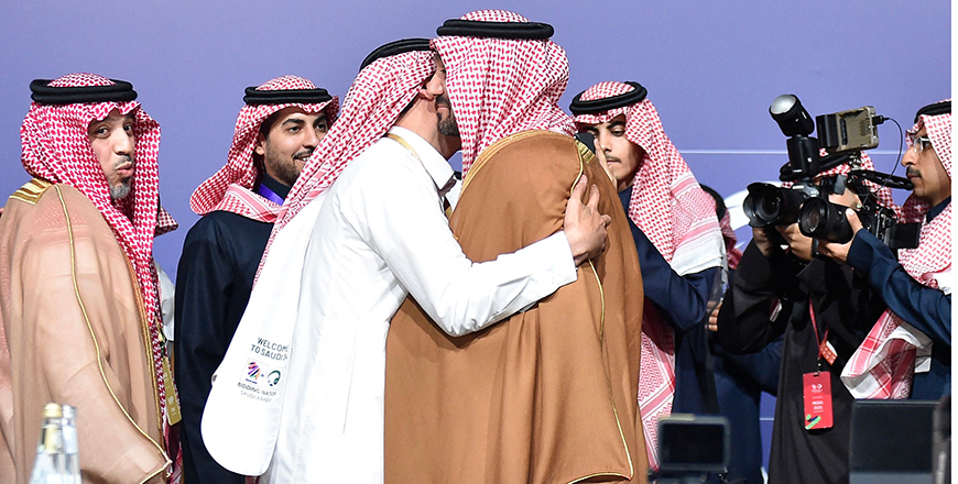 Saudi Arabia's Minister of Sports and Youth Abdulaziz Bin Turki Al Faisal Al Saud celebrates after Saudi Arabia was confirmed as host of the 2034 World Cup during a ceremony in the capital Riyadh on Wednesday (AFP photo)