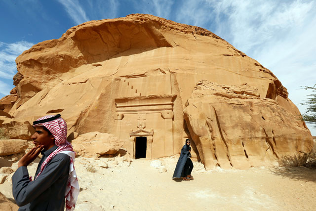 Visitors tour at majestic rock-hewn tombs of Madain Saleh near the city Al Ula, Saudi Arabia, on January 25 (Reuters photo)