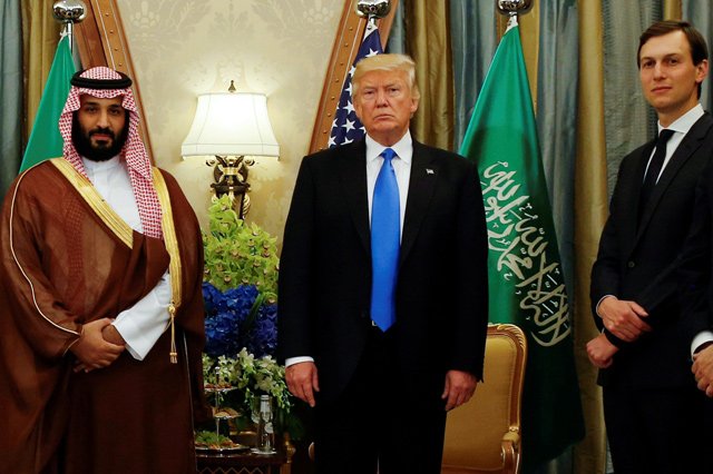 US President Donald Trump, flanked by White House senior adviser Jared Kushner, meets with Saudi Arabia's Prince Mohammed Bin Salman at the Ritz Carlton Hotel in Riyadh, Saudi Arabia, on May 20, 2017 (Reuters photo)