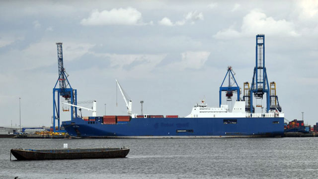The cargo ship Bahri Yanbu is seen moored at Tilbury Docks at the Port of Tilbury in Essex, on May 7 (AFP photo)