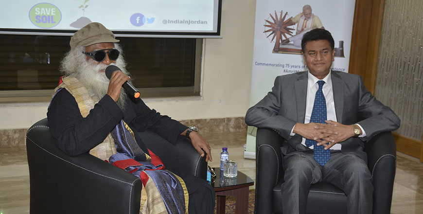 Indian spiritual leader Sadhguru speaks during an interactive session at the Indian embassy on Wednesday (Photo courtesy of Indian embassy)