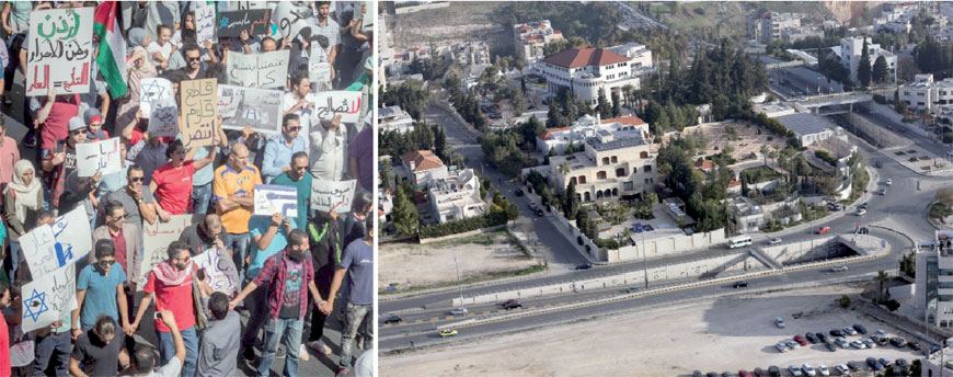 Activists protest against the deal to import gas from Israel recently (left). Right: An aerial view of the Prime Ministry near the 4th Circle in Amman, where activists were arrested while protesting against the deal on Friday (Photo by Osama Aqarbeh)
