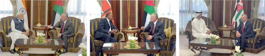 His Majesty King Abdullah meets with Kenyan President Uhuru Kenyatta (middle), United Arab Emirates Minister of Foreign Affairs and International Cooperation Sheikh Abdullah Bin Zayed Al Nahyan (right) and Indian Prime Minister Narendra Modi (left) in Riyadh on Tuesday (Photos courtesy of Royal Court)