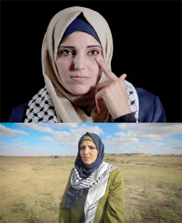 This combination of photos created on June 8, shows Jacqueline Shahada (top) displaying her left eye during a photo session and (bottom) standing at the place where she was shot in Bureij refugee camp in central Gaza (AFP photo)