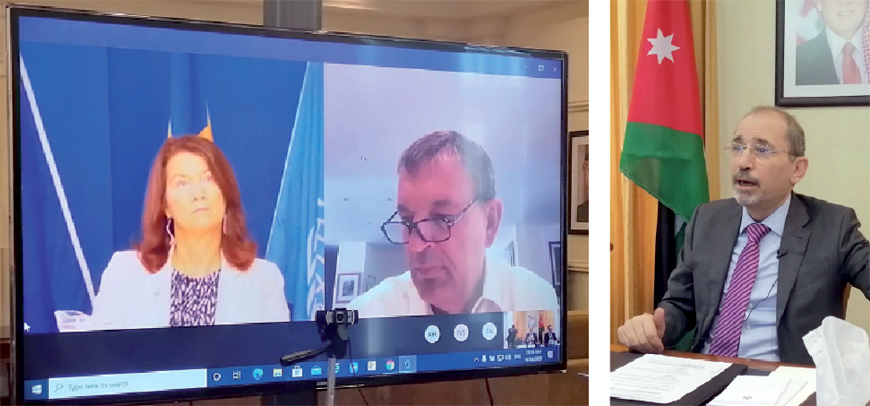 Foreign Minister Ayman Safadi, Swedish Foreign Minister Ann Linde and Commissioner General of UNRWA Philippe Lazzarini hold a virtual trilateral meeting on Wednesday (Photos courtesy of Foreign Ministry)