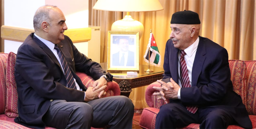 Prime Minister Bisher Khasawneh meets with Chairman of the House of Representatives of Libya Aguila Saleh in Amman on Tuesday (Petra photo)
