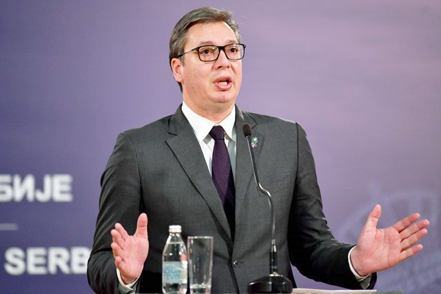 Serbian President Aleksandar Vucic attends a joint press conference with US special representative for the Western Balkans in Belgrade on Monday (AFP photo)
