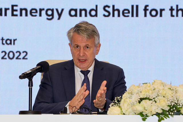 CEO Ben van Beurden speaks during a signing ceremony at QatarEnergy headquarters in Doha, on Sunday (AFP photo)