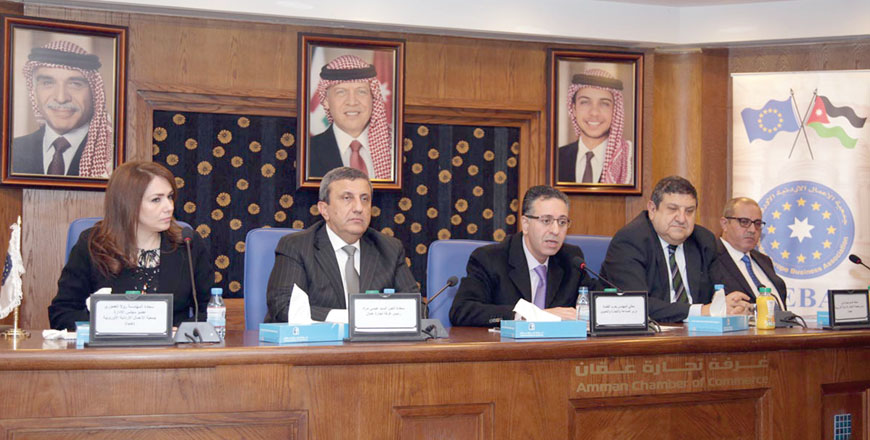 Minister of Industry, Trade and Supply Yarub Qudah addresses industrialists in Amman on Monday at a meeting organised by Jordan Europe Business Association (Petra photo)