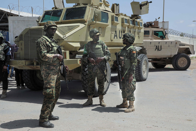 African Union soldiers man a security cordon during a complete lockdown of the entire city due to the presidential election in Mogadishu on Sunday (AFP photo)