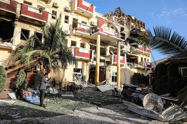 The damaged structure of the Hayat Hotel in Mogadishu is seen on Sunday (AFP photo)