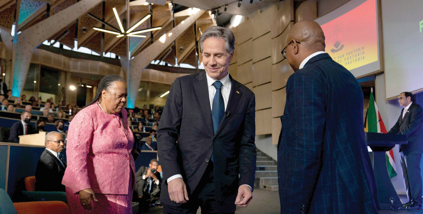 US Secretary of State Antony Blinken (centre), accompanied by South Africa's Foreign Minister Naledi Pandor (left), arrives to deviler a speech on the US-Africa Strategy at the University of Pretoria's Future Africa Campus in Pretoria, on Monday (AFP photo)