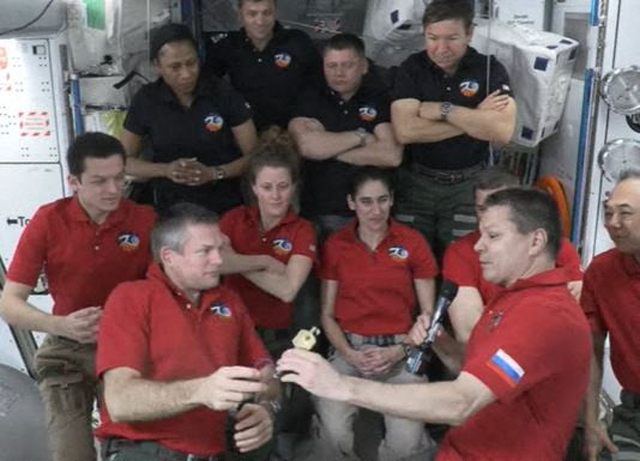 In this screen grab from NASA’s feed, ESA (European Space Agency) astronaut Andy Mogensen (left) hands over command of the International space station to Roscosmos cosmonauts Oleg Kononenko as Mogensen prepares to head home with his Crew-7 crewmates (AFP photo)