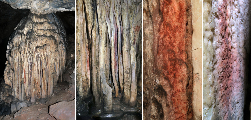 In this file photo taken on September 17, 2018 this combination of photos shows a general view and close-up of a partly coloured stalagmite tower in the Spanish cave of Ardales, southern Spain (AFP photo)