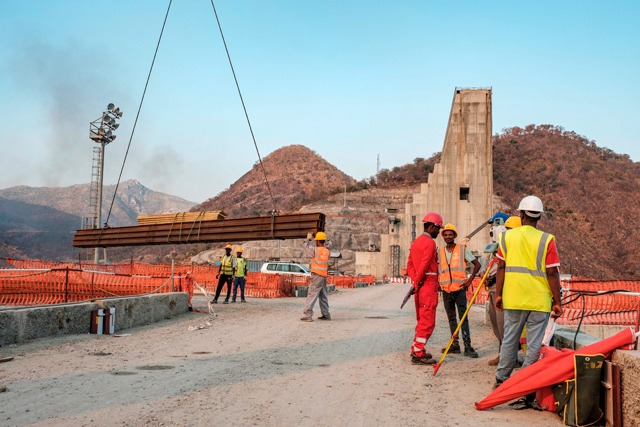 This file photo taken on December 26, 2019 shows a general view of the construction works at the Grand Ethiopian Renaissance Dam (GERD), near Guba in Ethiopia (AFP photo)