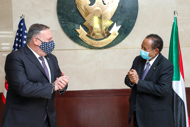 In this file handout photo provided by Sudan’s Prime Minister’s office on August 25, US Secretary of State Mike Pompeo (left) greets Sudanese Prime Minister Abdalla Hamdok  in Khartoum (AFP photo)