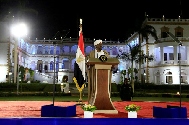Sudan’s President Omar Al Bashir delivers a speech at the Presidential Palace in Khartoum, Sudan, on February 22  (Reuters  photo)