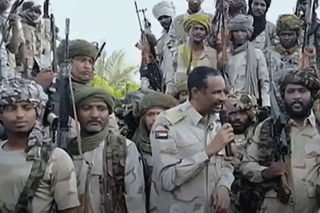 An image grab taken from a handout video posted on the Sudanese paramilitary Rapid Support Forces (RSF) page on Twitter, rebranded as X, on Friday shows its commander Mohamed Hamdan Daglo addressing RSF fighters at an undisclosed location (AFP photo)
