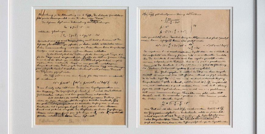 A handout photo released by the Nobel Prize Museum on Wednesday shows in a glass frame a handwritten two-page document by Albert Einstein, which was donated to the Nobel museum by a Swedish businessman (AFP photo)