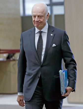 Staffan de Mistura, United Nations Special Envoy of the Secretary General for Syria, arrives for a meeting with the delegation of the High Negotiations Committee during the Syria peace talks at the United Nations in Geneva, Switzerland, Tuesday (AP photo)