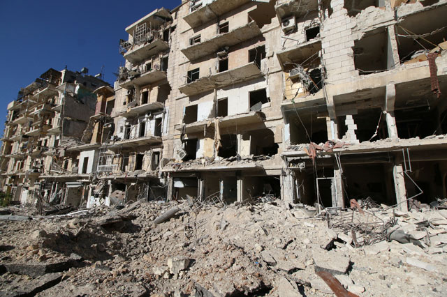 A general view shows the damage at a site hit by air strikes in the rebel-held besieged Al Qaterji neighbourhood of Aleppo, Syria, on Wednesday (Reuters photo)