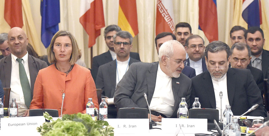 European Union High Representative for Foreign Affairs Federica Mogherini (left), Iranian Minister of Foreign Affairs Mohammad Javad Zarif (centre) and Political Deputy at the Ministry of Foreign Affairs of Iran Abbas Araghchi take part in a Comprehensive Plan of Action ministerial meeting on the Iran nuclear deal in Vienna, Austria (AFP photo)