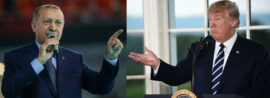 Turkish President Recep Tayyip Erdogan making a speech during a meeting of his ruling AK Party in Ankara and US President Donald Trump gestures as he speaks during a dinner with business leaders in Bedminster, New Jersey, earlier in August (AFP photo)