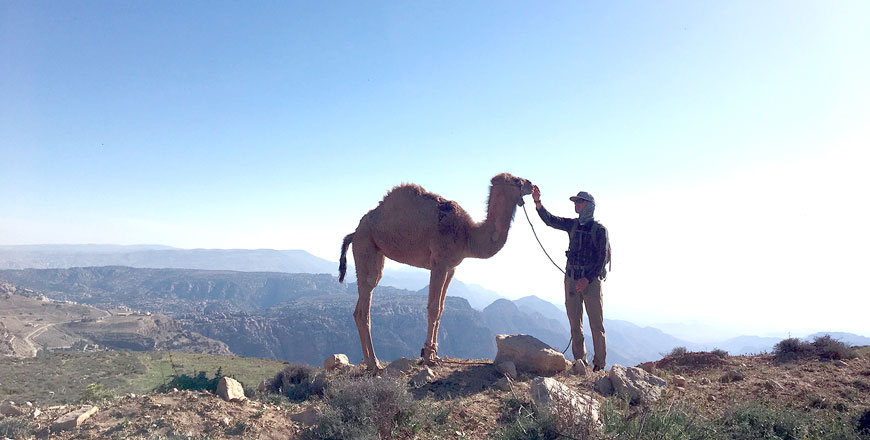 A hiker makes friends with a camel near the historic Ottoman village of Dana, Jordan (Chicago Tribune/TNS photo by Andrew Evans)