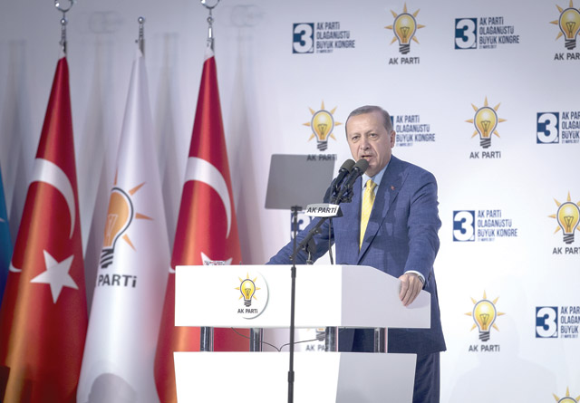 Turkish President Recep Tayyip Erdogan speaks after being elected as the ruling party leader during the third extraordinary congress of Turkey’s ruling Justice and Development Party in Ankara, Turkey, on Sunday (Anadolu Agency photo)