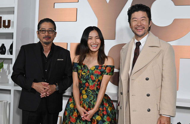 Japanese actor and producer Hiroyuki Sanada (left) with Japanese actors Anna Sawai and Tadanobu Asano (right) attend FX’s ‘Shogun’ FYC Event at the Directors Guild of America Theater in Los Angeles, California, on June 11 (AFP photo)