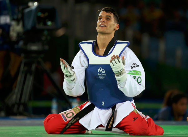 Ahmad Abu Ghaush of Jordan celebrates winning the taekwondo -68kg semi-final match in Rio on Thursday (Reuters photo)