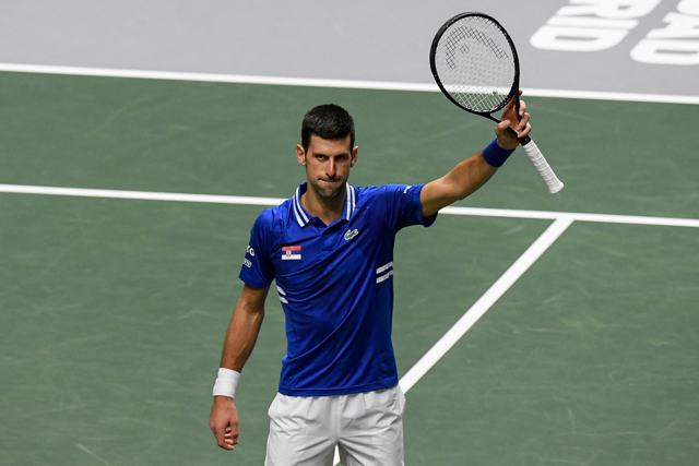 Serbia's Novak Djokovic celebrates at the end of his men's singles semi-final tennis match between Croatia and Serbia of the Davis Cup tennis tournament at the Madrid arena in Madrid on Frdiay (AFP photo)