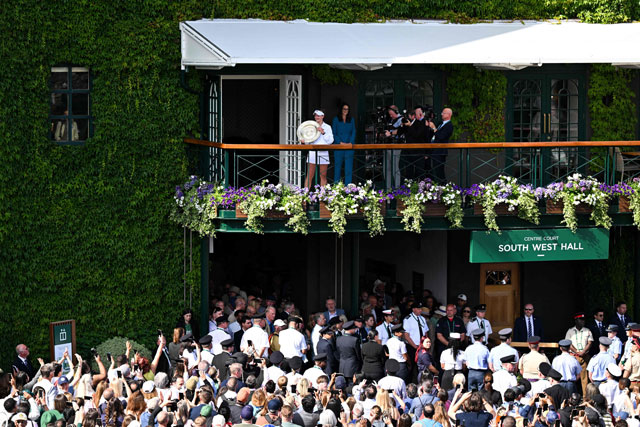 Czech Republic’s Barbora Krejcikova celebrates with the winner’s trophyon the thirteenth day of the 2024 Wimbledon Championships at The All England Lawn Tennis and Croquet Club in Wimbledon, southwest London, on Saturday (AFP photo)