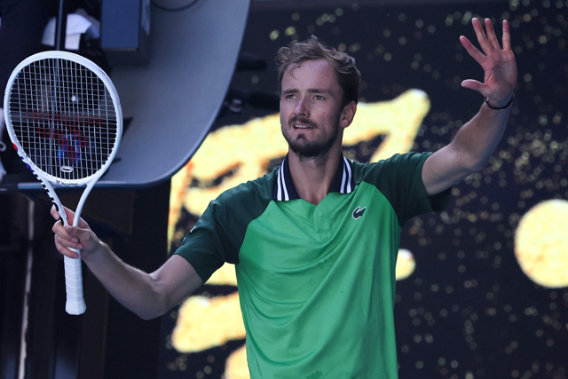 Russia’s Daniil Medvedev celebrates victory against against Portugal’s Nuno Borges during their men’s singles match on day nine of the Australian Open tennis tournament in Melbourne on Monday (AFP photo)