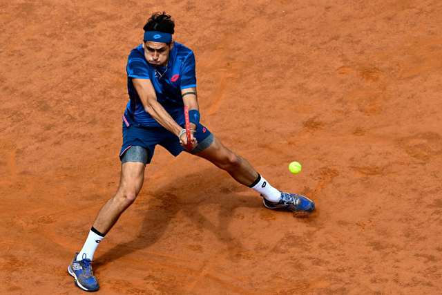 Chile’s Alejandro Tabilo returns to China’s Zhang Zhizhen during the Men’s ATP Rome Open tennis tournament at Foro Italico in Rome on Wednesday (AFP photo)