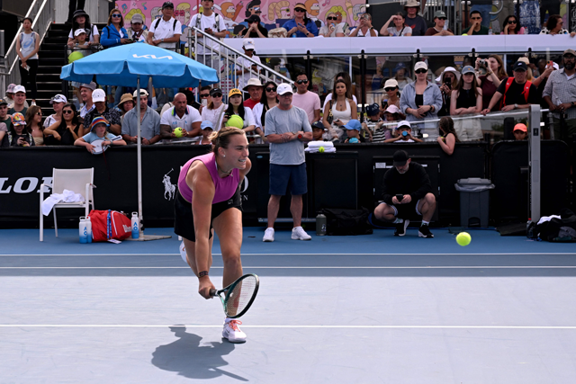 Aryna Sabalenka of Belarus hits a return during a training session ahead of the Australian Open tennis tournament in Melbourne on Thursday (AFP photo)