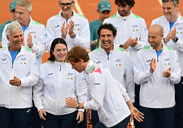 Italian tennis player Jannik Sinner (Bottom C) reacts as he attends a celebration ceremony for Italy's Men tennis team 2024 Davis Cup victory and Italy's Women tennis team 2024 Billie Jean King Cup victory at Foro Italico sports complex, ahead of the Italian Open, in Rome on Monday (AFP photo)