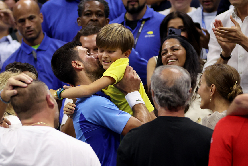 Novak Djokovic of Serbia celebrates with his son Stefan Djokovic after defeating Daniil Medvedev of Russia during their Men’s Singles Final match on Day Fourteen of the 2023 US Open  (AFP photo)