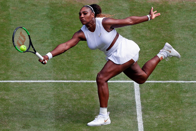US player Serena Williams returns against Czech Republic’s Barbora Strycova during their women’s singles semifinal match of the 2019 Wimbledon Championships at The All England Lawn Tennis Club in Wimbledon, southwest London, on Thursday (AFP photo by Alastair Grant )