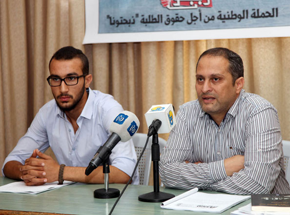 National Campaign for Defending Students’ Rights Coordinator Fakher Daas speaks at a press conference in Amman on Saturday (Photo courtesy of Thabahtoona)