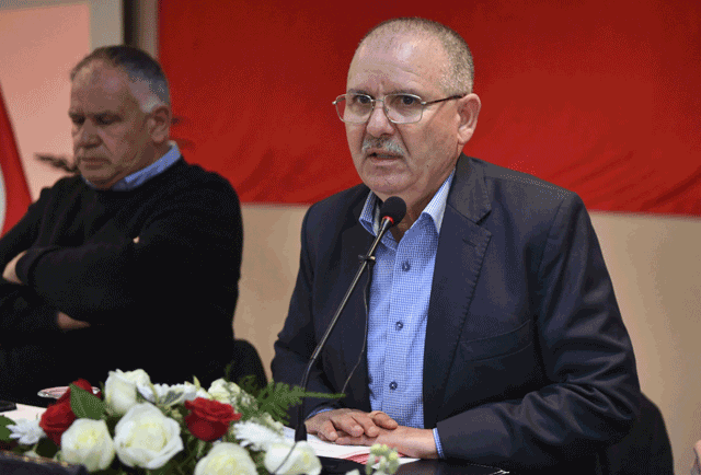 Secretary General of the Tunisian General Labor Union Noureddine Taboub chairs a meeting of the national rescue initiative quartet on Friday in Tunis  (AFP photo)