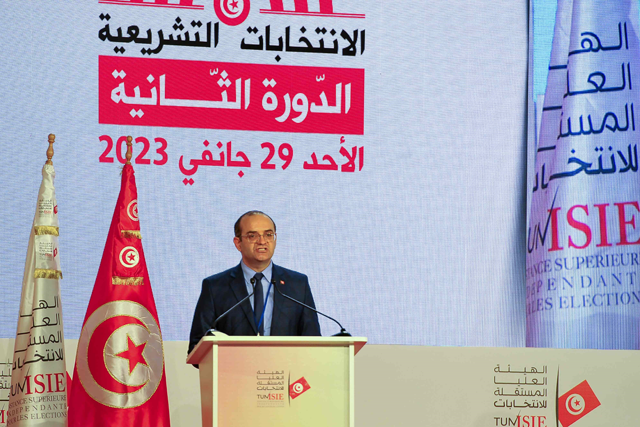 Tunisia’s electoral board president Farouk Bouasker holds a press conference to announce preliminary results of the second round of parliamentary elections in the capital Tunis, on Sunday (AFP photo)