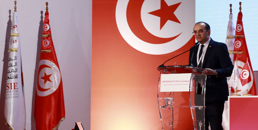 The President of the Independent Higher Authority for Elections Farouk Bouasker gives a press conference about the final result of the referendum on a draft constitution put forward by the country's president, in Tunis, on Tuesday (AFP photo)