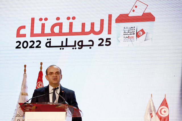 The President of the Independent Higher Authority for Elections Farouk Bouasker gives a press conference about the final result of the referendum on a draft constitution put forward by the country’s president, in Tunis, on Tuesday (AFP photo)