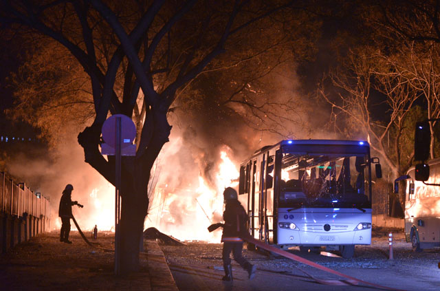 Firefighters work at a scene of fire from an explosion in Ankara, on Wednesday (AP photo)