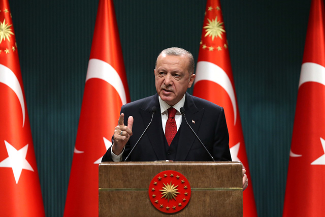 President of Turkey Recep Tayyip Erdogan gestures as he gives a press conference after the Cabinet meeting at the Presidential Complex in Ankara, Turkey, on Monday (AFP photo)