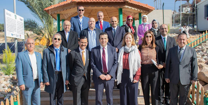 British Deputy Ambassador Helen Fazey and officials during the inauguration of the prototype solar-powered wastewater treatment plant in Fuheis, developed with funding from the UK’s Newton-Khalidi Fund, on Monday (Photo courtesy of British embassy)