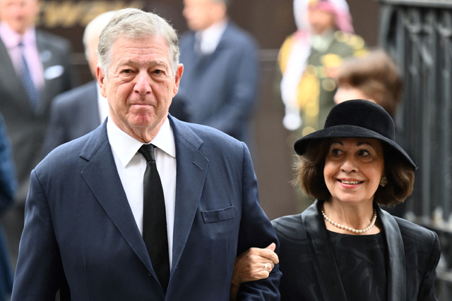 Serbia’s Crown Prince Aleksandar Karadjordjevic (left) and Serbia’s Crown Princess Katherine arrive to attend a Service of Thanksgiving for Britain’s Prince Philip, Duke of Edinburgh, at Westminster Abbey in central London on Tuesday (AFP photo)