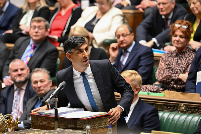 A handout photo released by the UK Parliament shows Britain’s Prime Minister Rishi Sunak speaking during Prime Minister’s Questions, in the House of Commons, in London, on Wednesday (AFP photo)