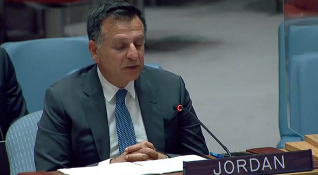 Jordan's permanent representative to the UN Ambassador Mahmoud Al Hmoud delivers Kingdom's statement at the emergency UN Security Council meeting on Friday (Petra photo)